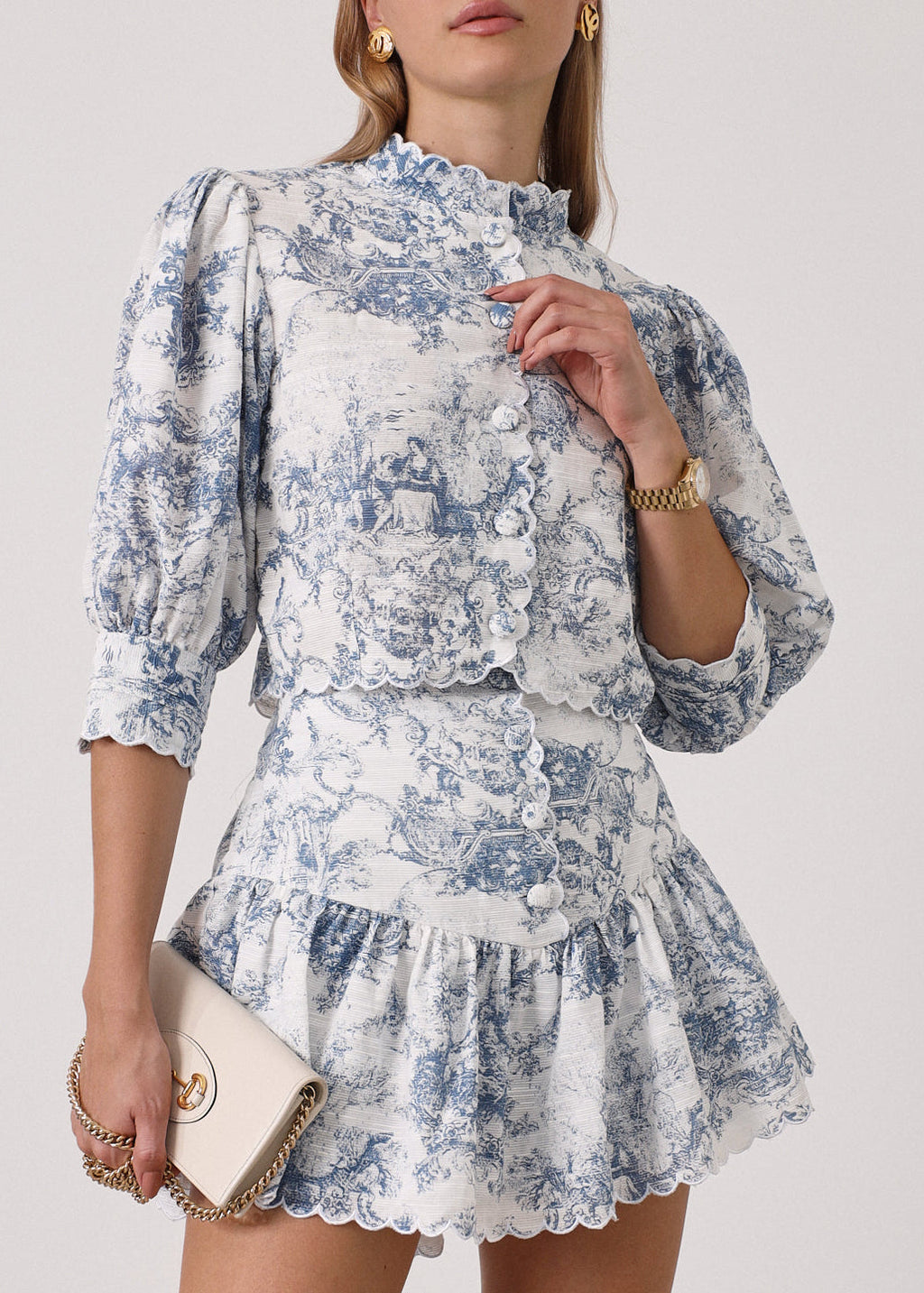 Verona Printed Scallop Trim Skort | White & Blue