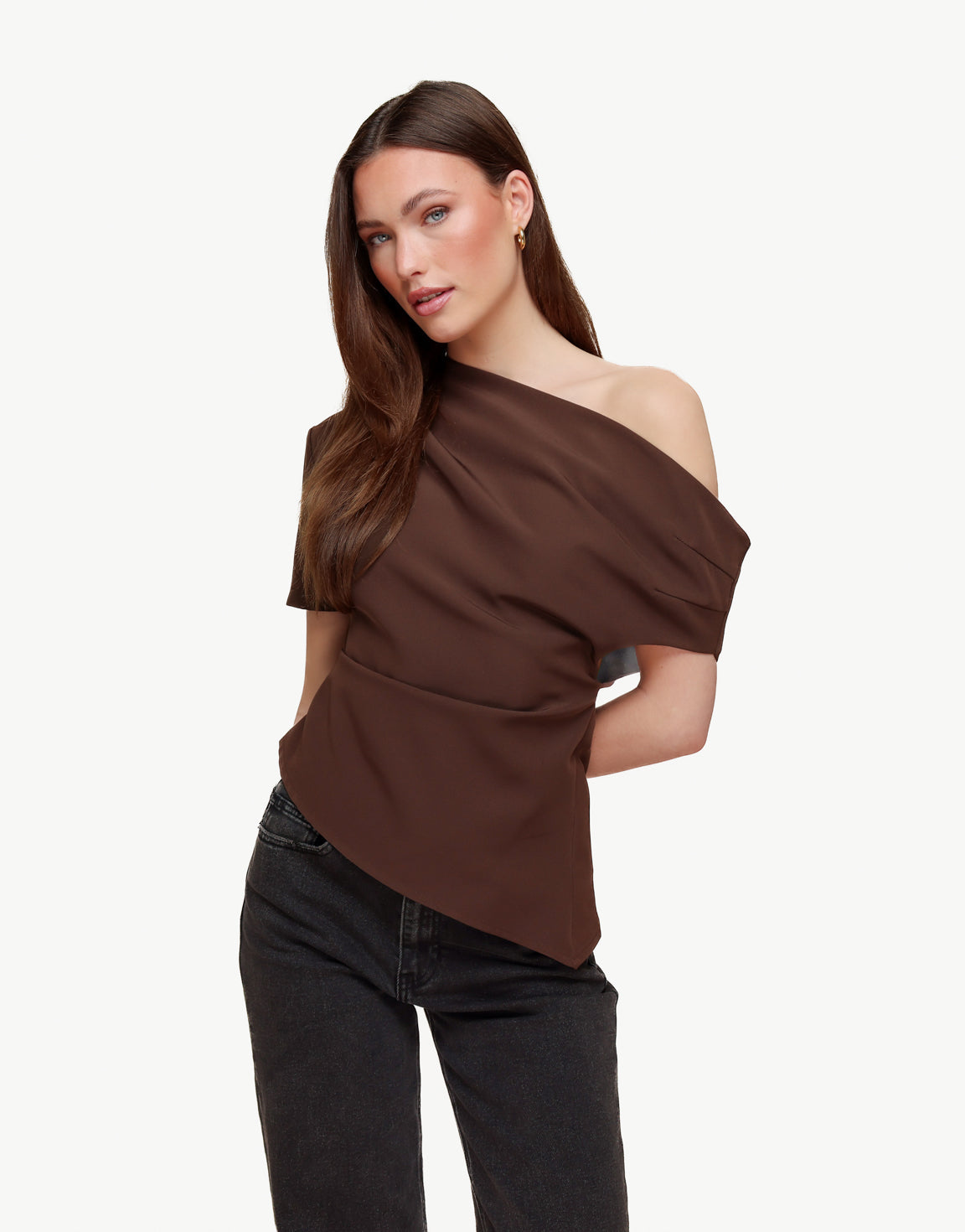 Bruine Gedrapeerde Off Shoulder SS - Top