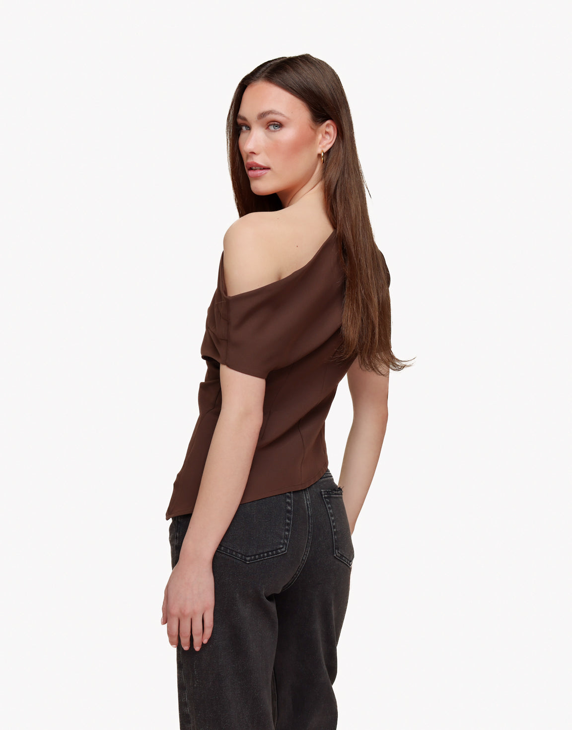 Bruine Gedrapeerde Off Shoulder SS - Top
