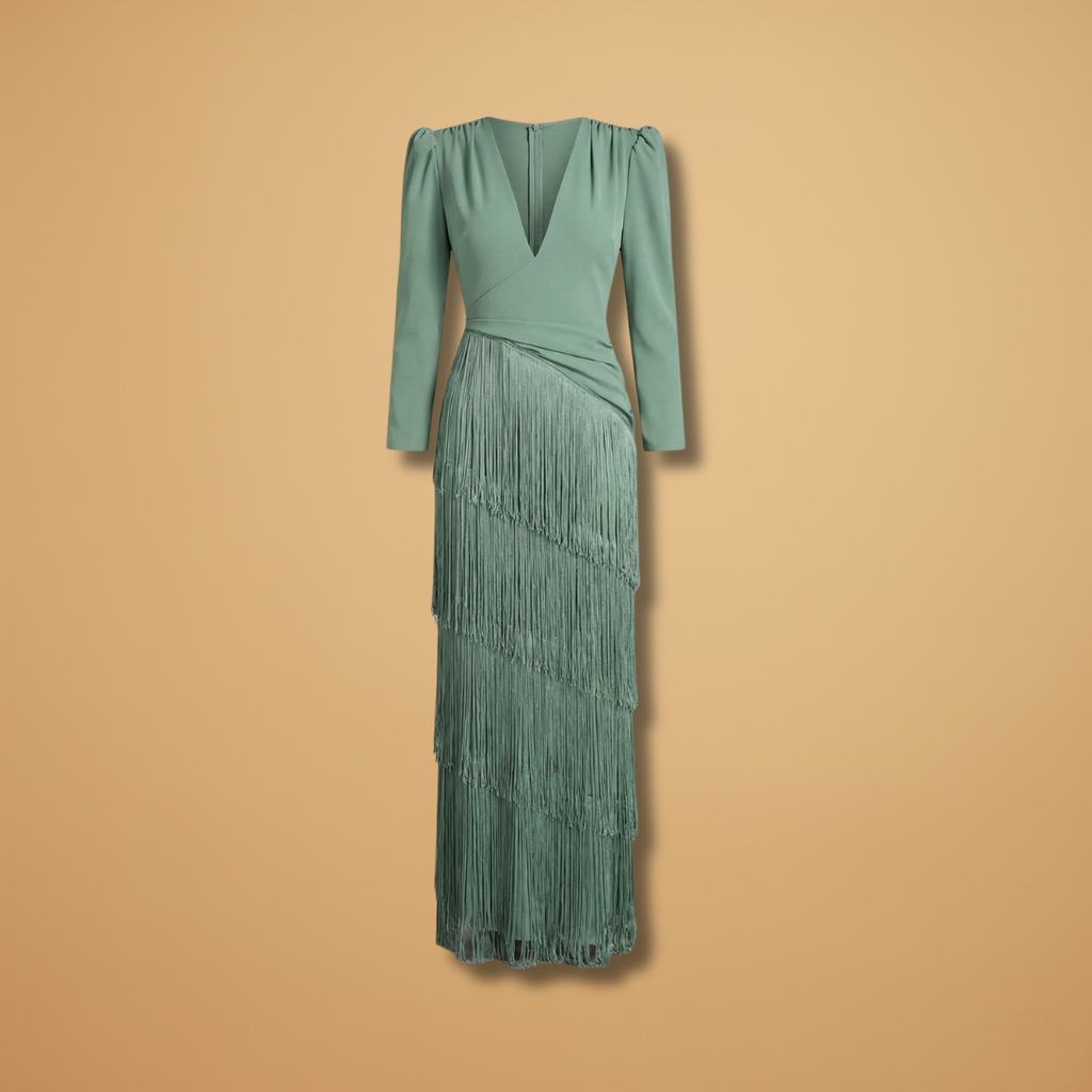 Women's Banquet Dress with V-Neck and Pleated Tassel Hem