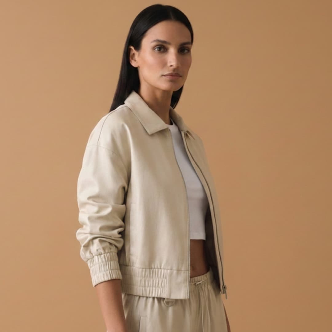 Women’s Bomber Jacket with Front Zip and Ribbed Hem