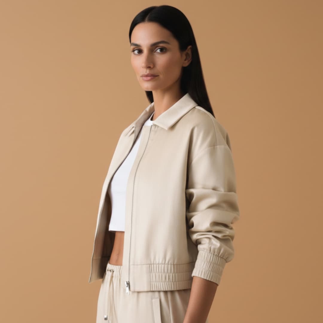 Women’s Bomber Jacket with Front Zip and Ribbed Hem
