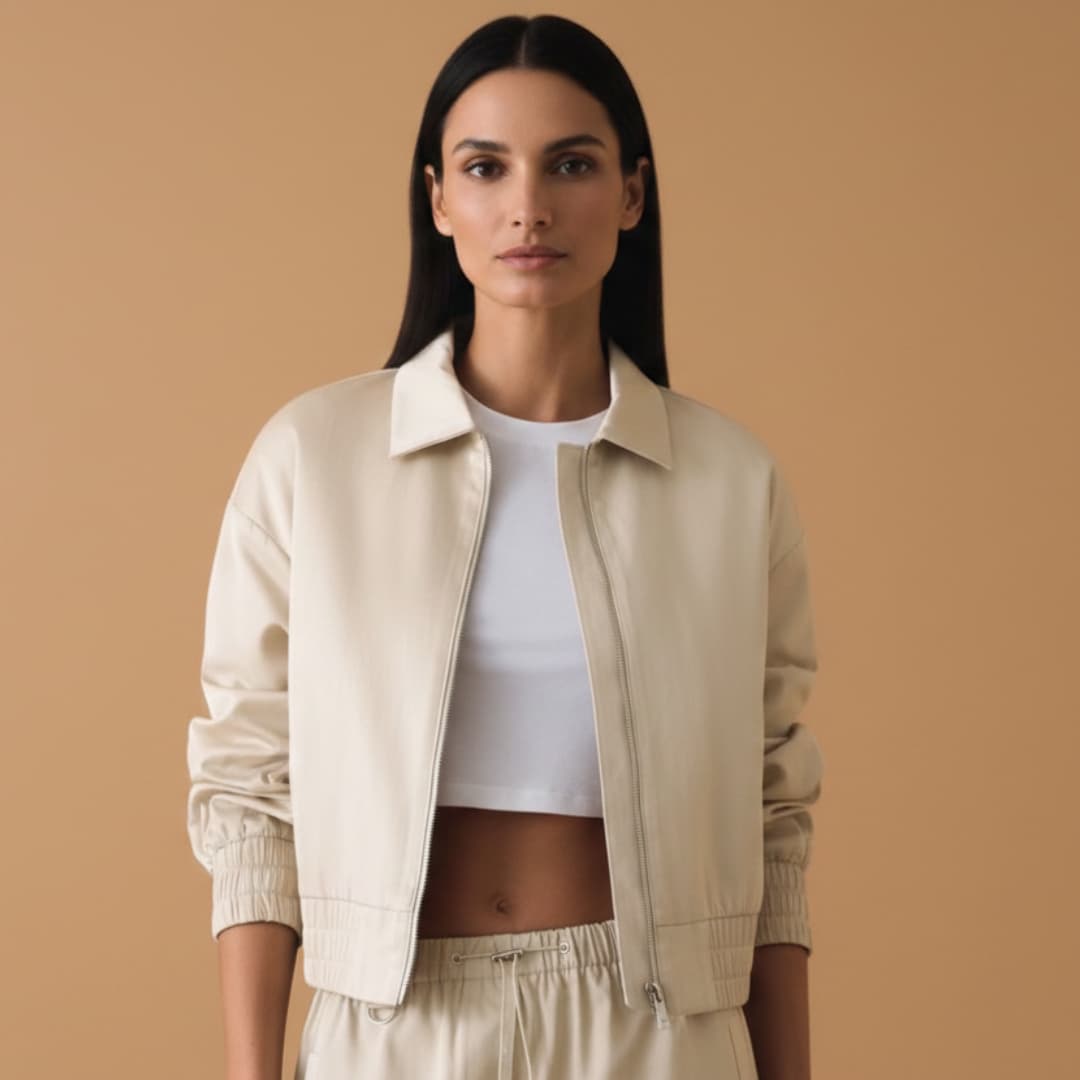 Women’s Bomber Jacket with Front Zip and Ribbed Hem