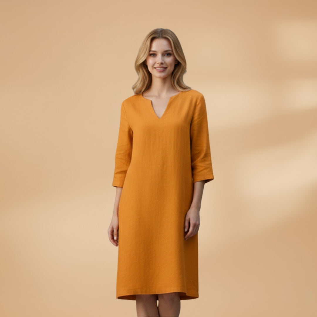 Women's Dress with V-Neck and Three-Quarter Sleeves