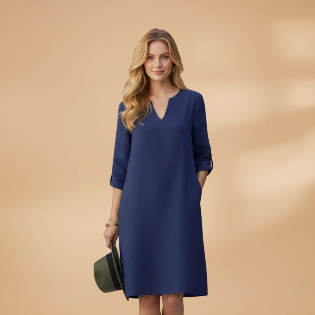 Women's Dress with V-Neck and Three-Quarter Sleeves