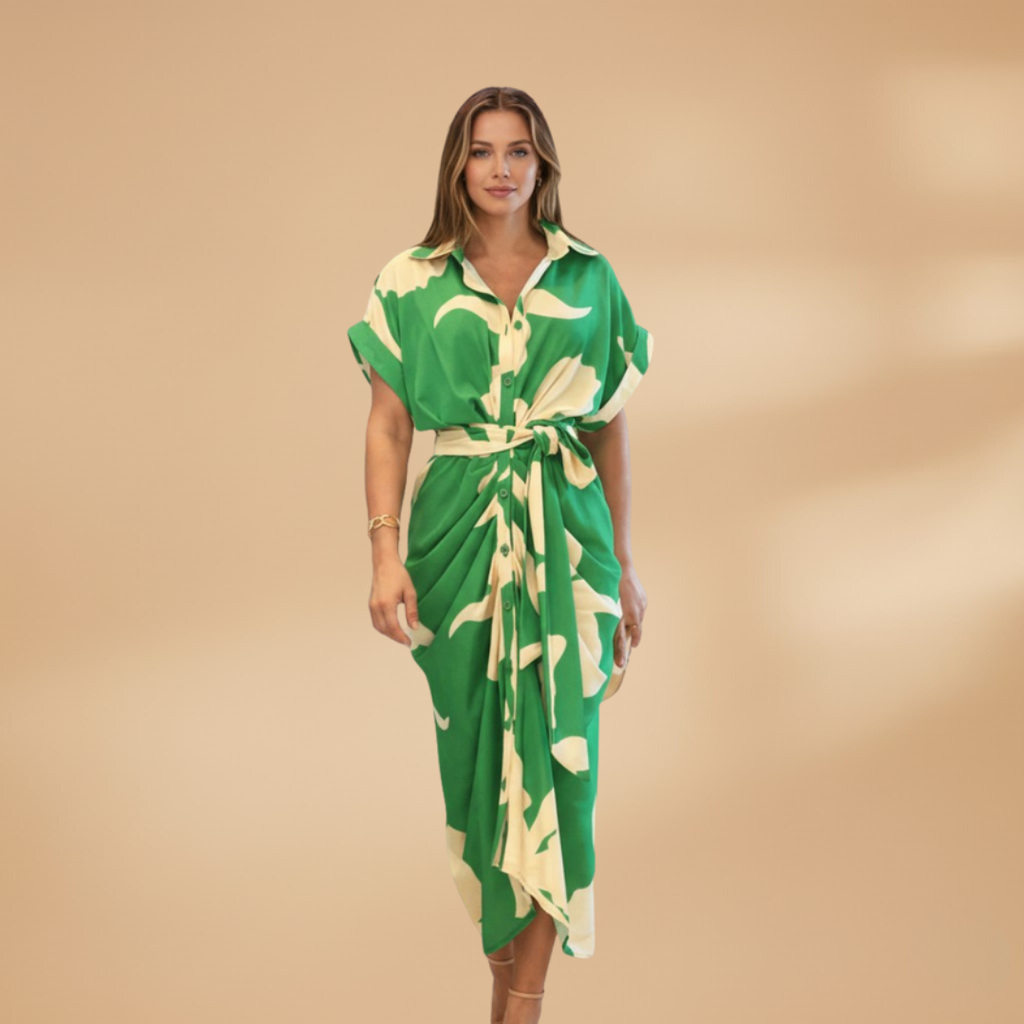 Women's Midi Dress with Short Sleeves and Tie Waist
