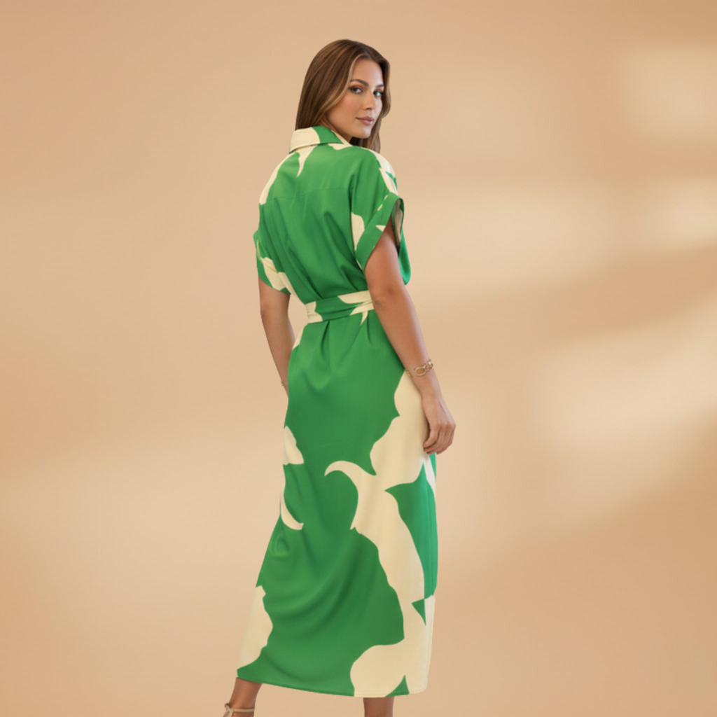 Women's Midi Dress with Short Sleeves and Tie Waist