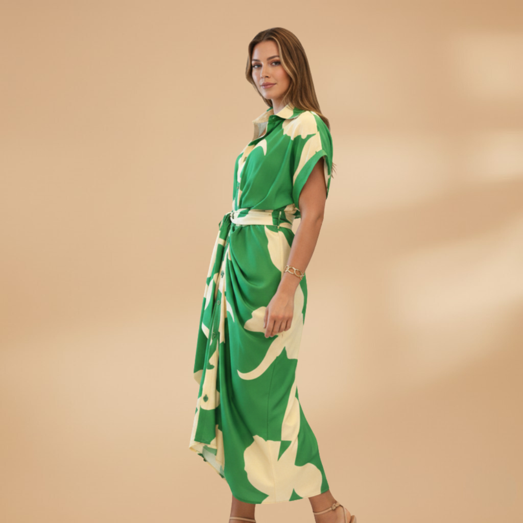 Women's Midi Dress with Short Sleeves and Tie Waist