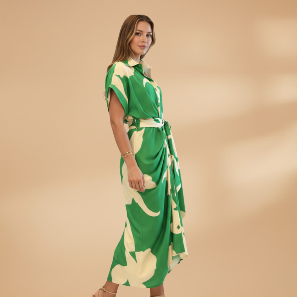 Women's Midi Dress with Short Sleeves and Tie Waist