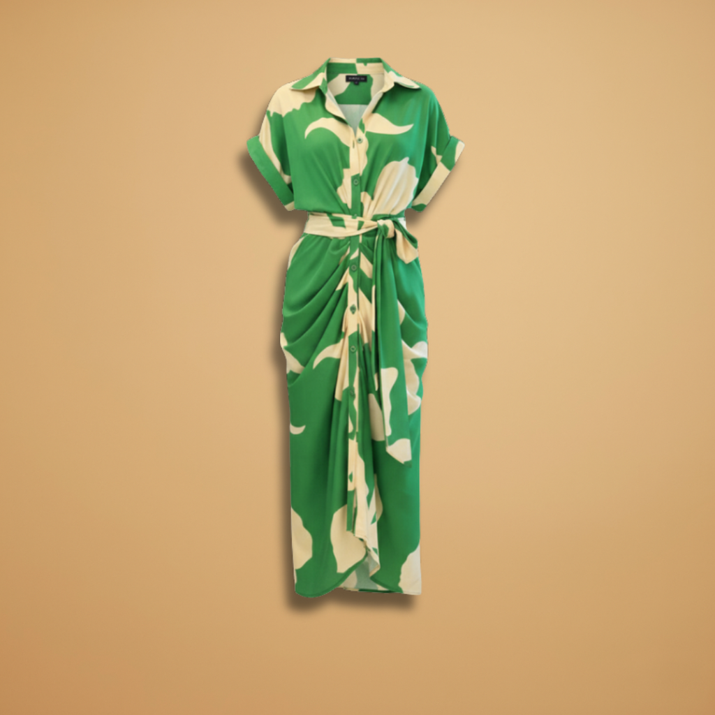 Women's Midi Dress with Short Sleeves and Tie Waist