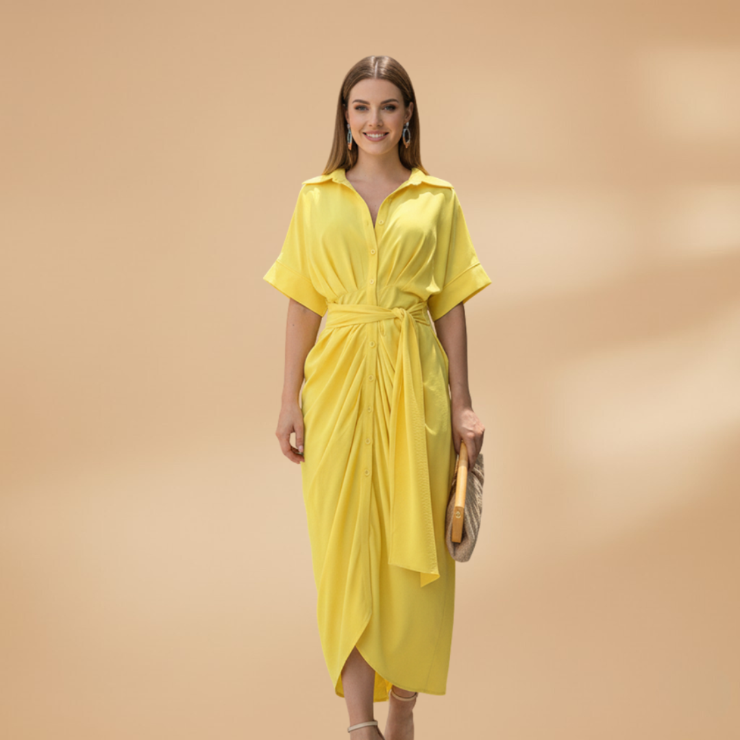 Women's Midi Dress with Short Sleeves and Tie Waist