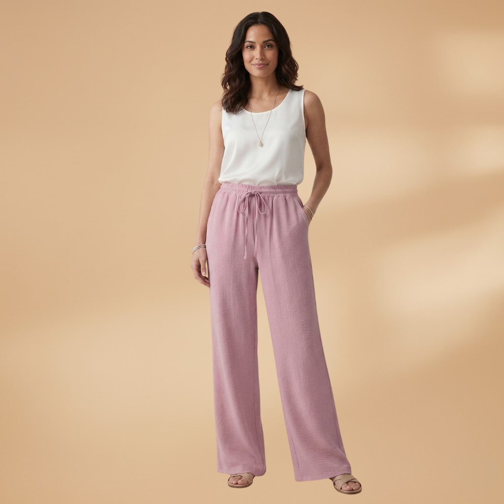 Women's Palazzo Trousers with Elastic Waistband and Drawstring