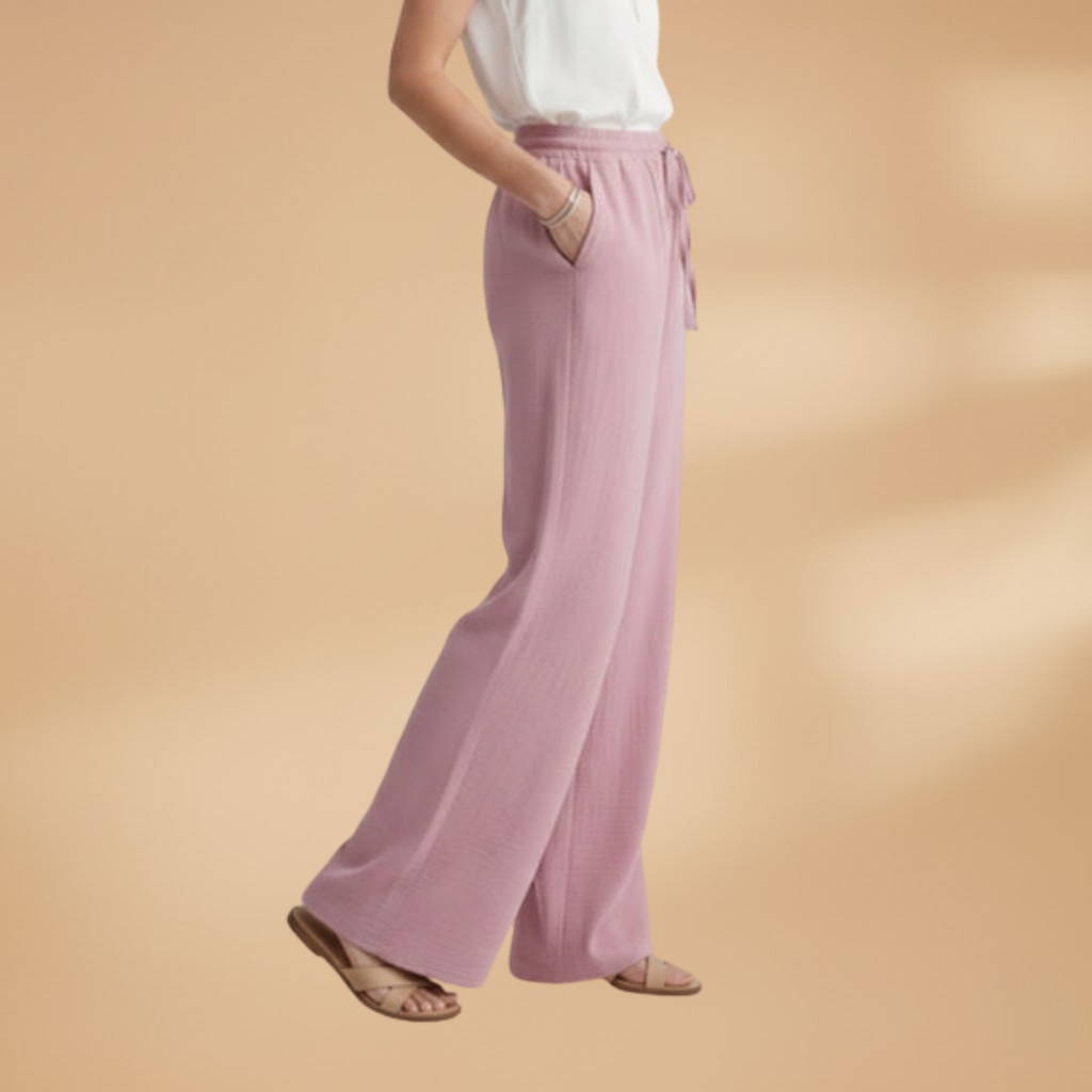 Women's Palazzo Trousers with Elastic Waistband and Drawstring