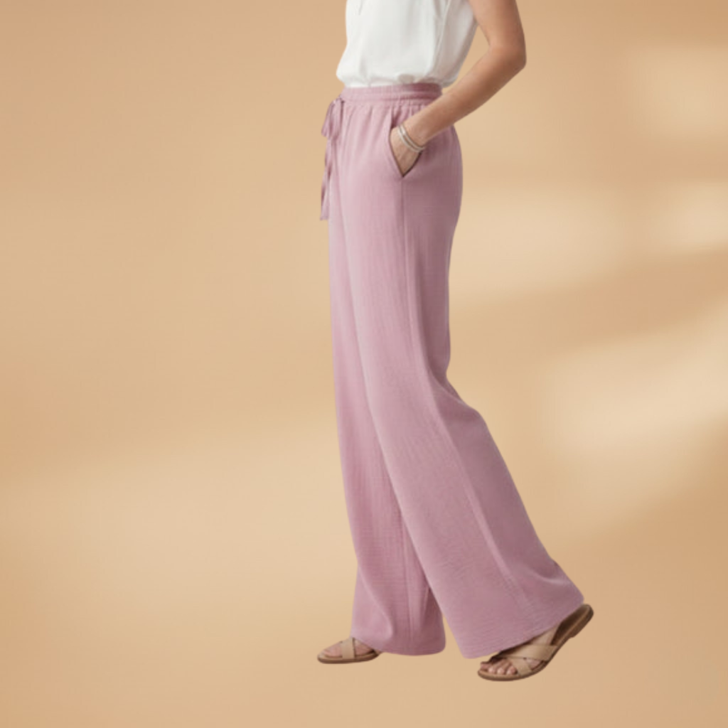 Women's Palazzo Trousers with Elastic Waistband and Drawstring