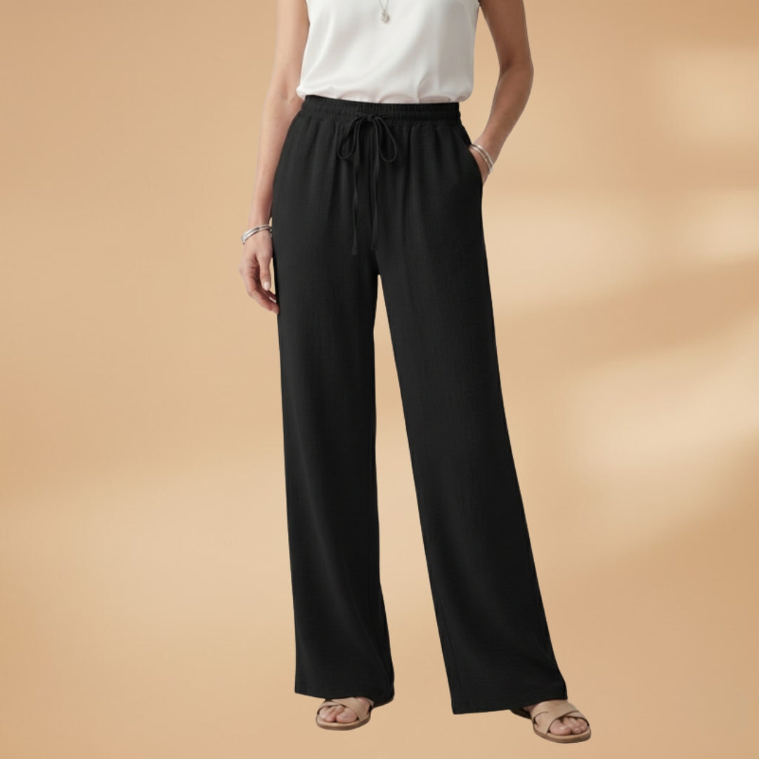 Women's Palazzo Trousers with Elastic Waistband and Drawstring
