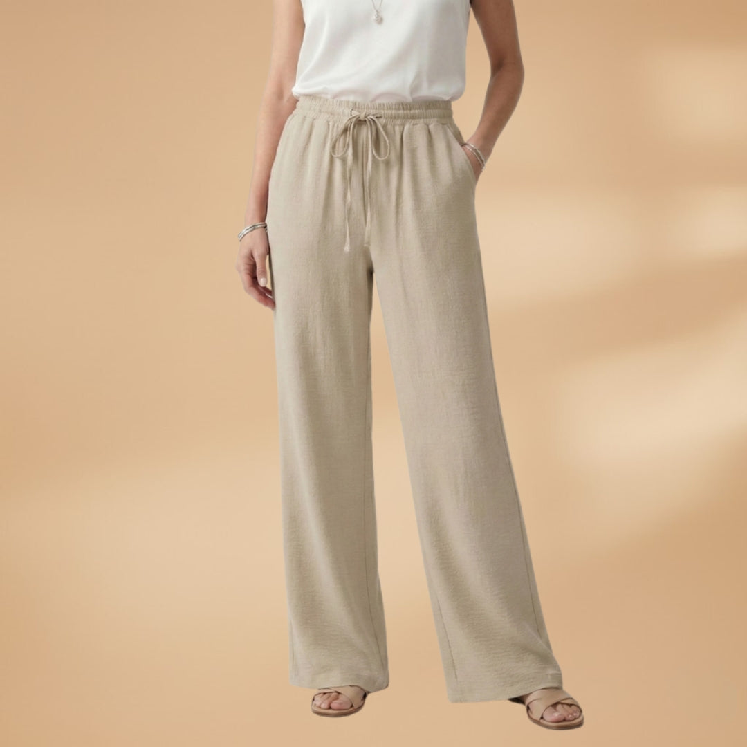 Women's Palazzo Trousers with Elastic Waistband and Drawstring