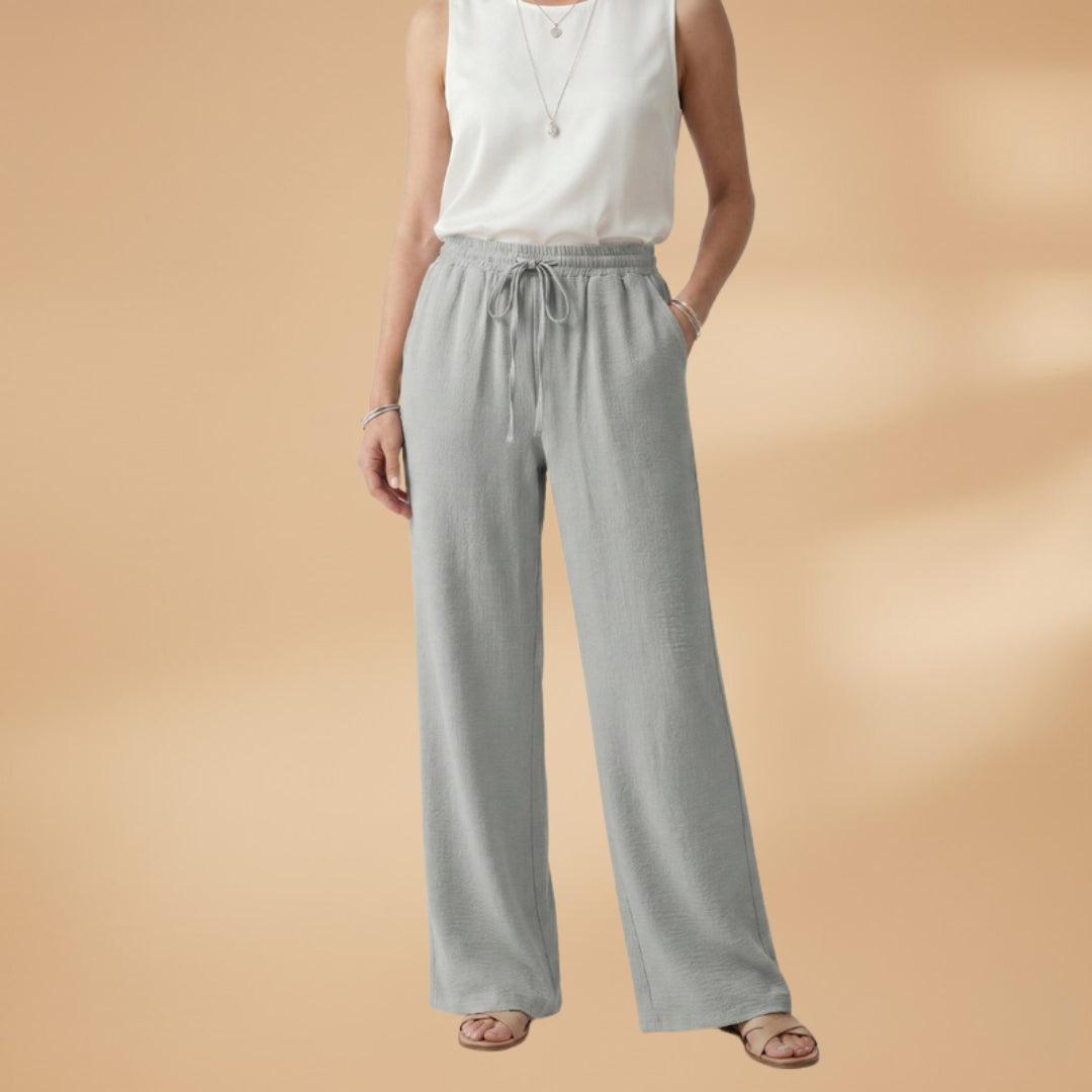 Women's Palazzo Trousers with Elastic Waistband and Drawstring