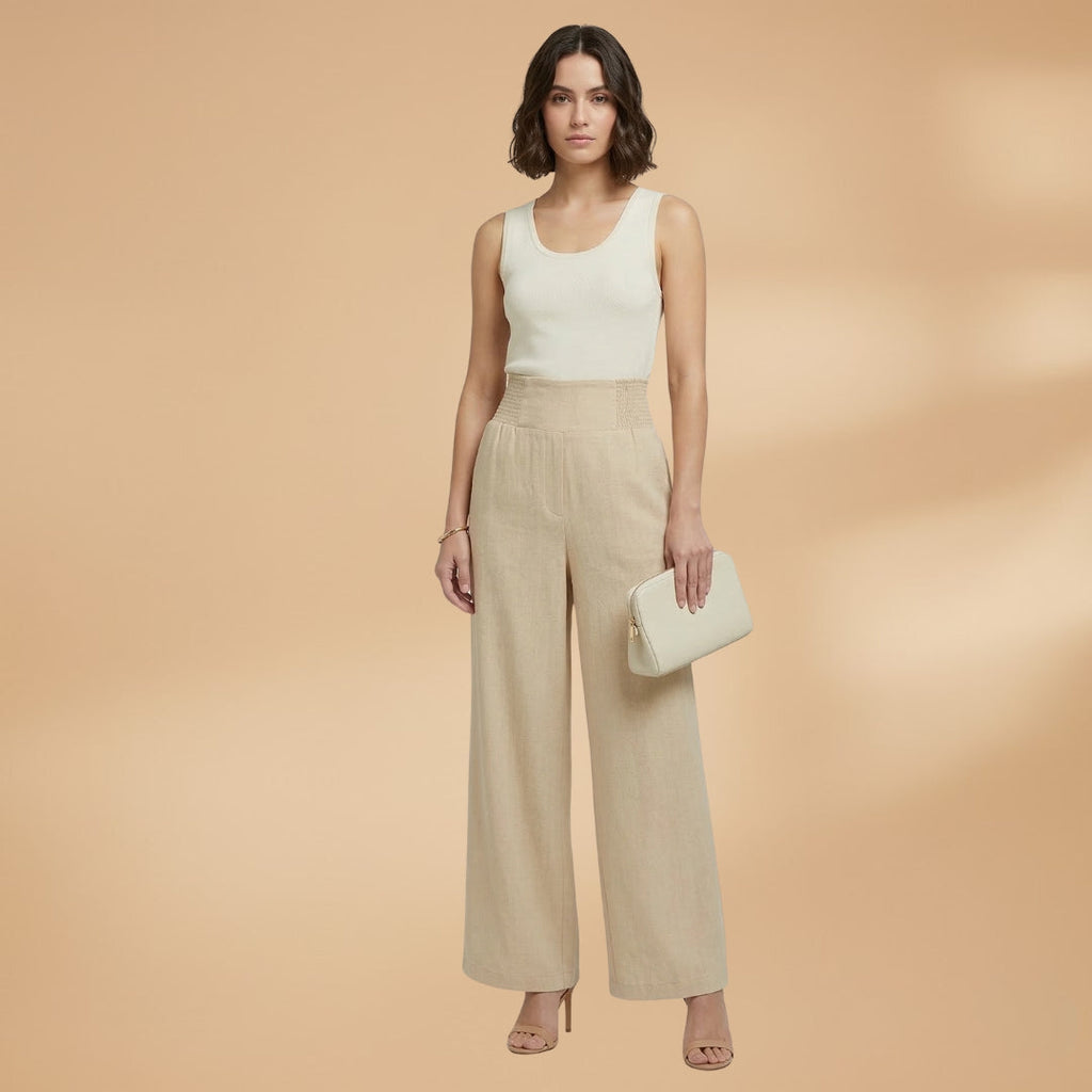 Women's Palazzo Trousers with Elastic Waistband and Pleats