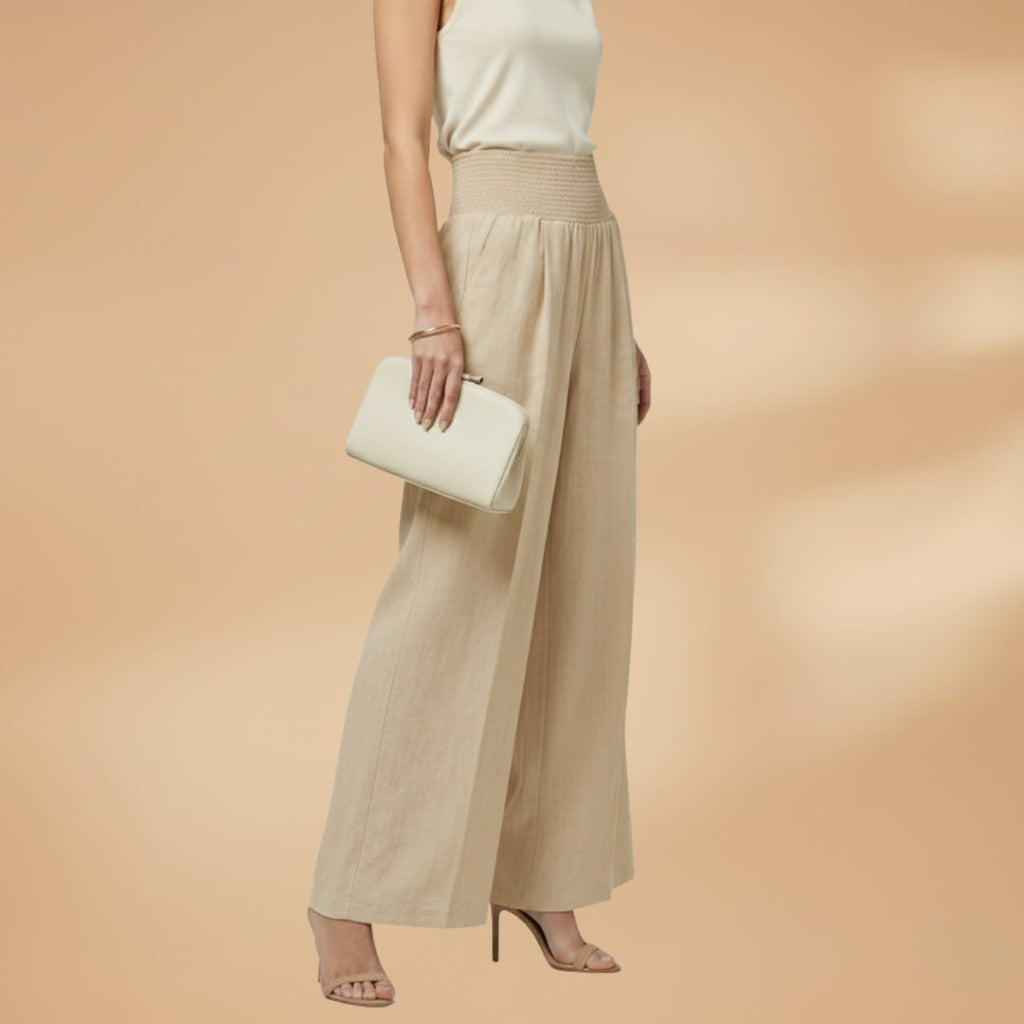 Women's Palazzo Trousers with Elastic Waistband and Pleats
