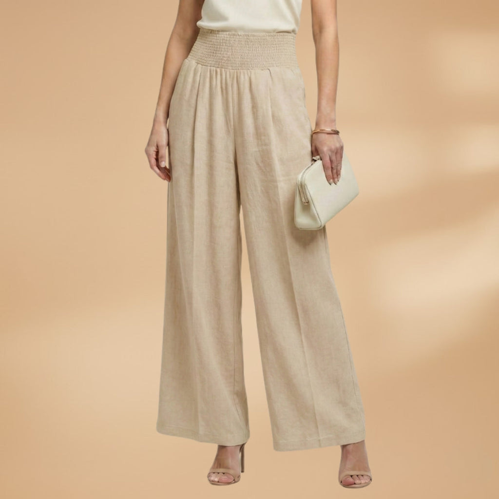 Women's Palazzo Trousers with Elastic Waistband and Pleats