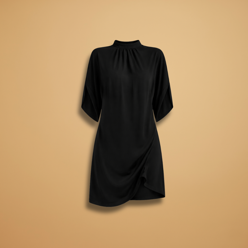 Women's Shift Dress with Mock Neck and Short Split Sleeves