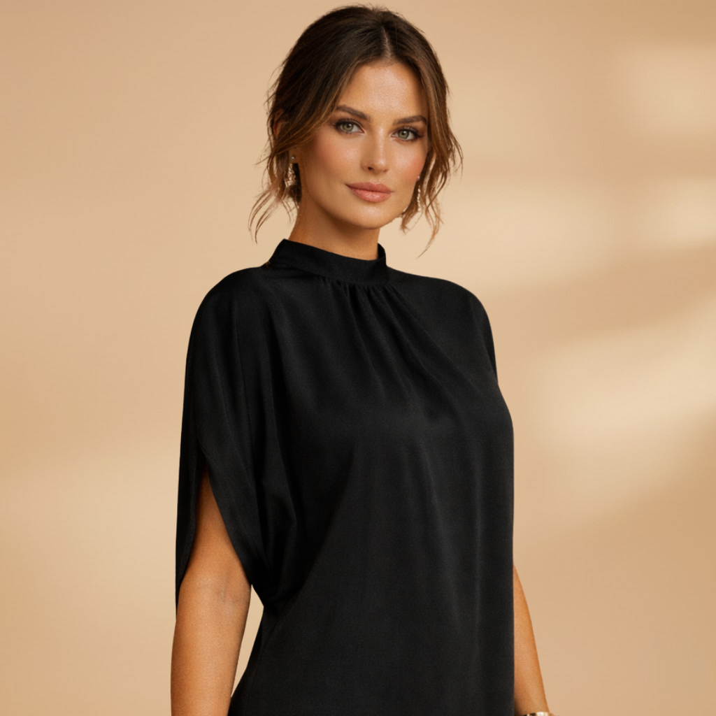 Women's Shift Dress with Mock Neck and Short Split Sleeves
