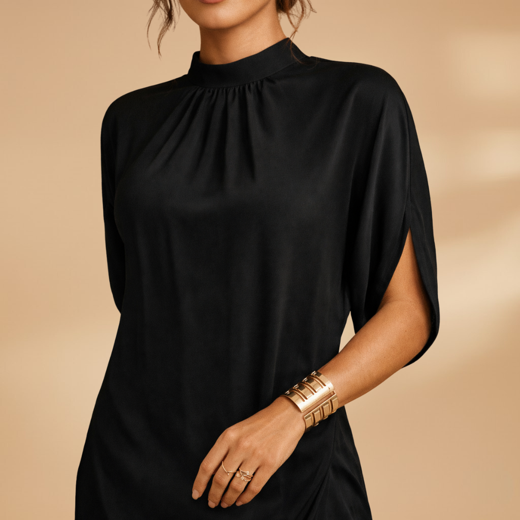 Women's Shift Dress with Mock Neck and Short Split Sleeves