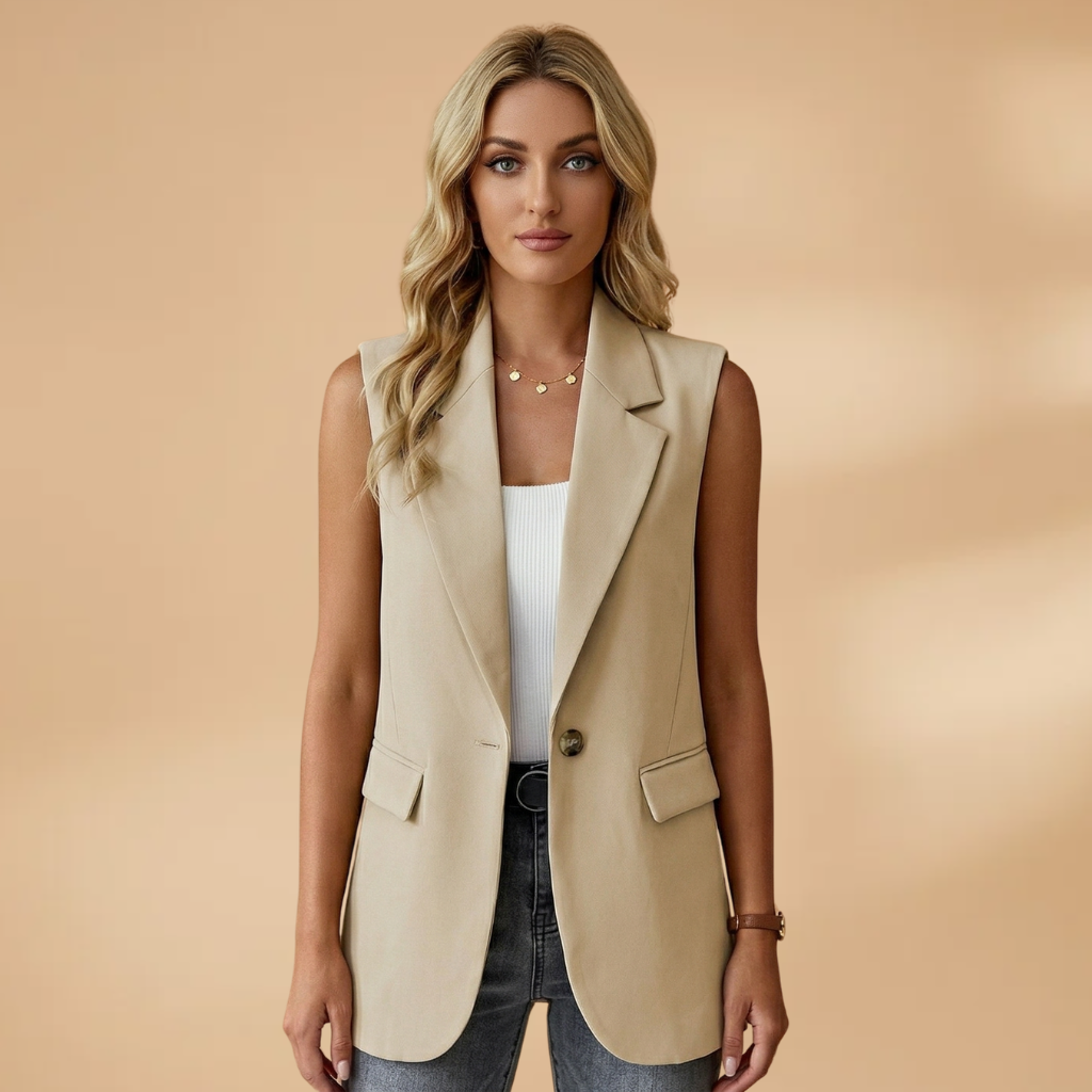 Women's Sleeveless Blazer with Side Pockets and Lapel Collar