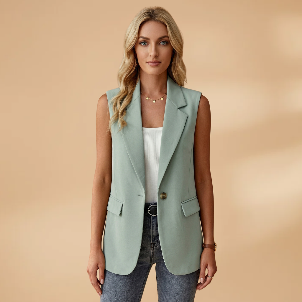 Women's Sleeveless Blazer with Side Pockets and Lapel Collar