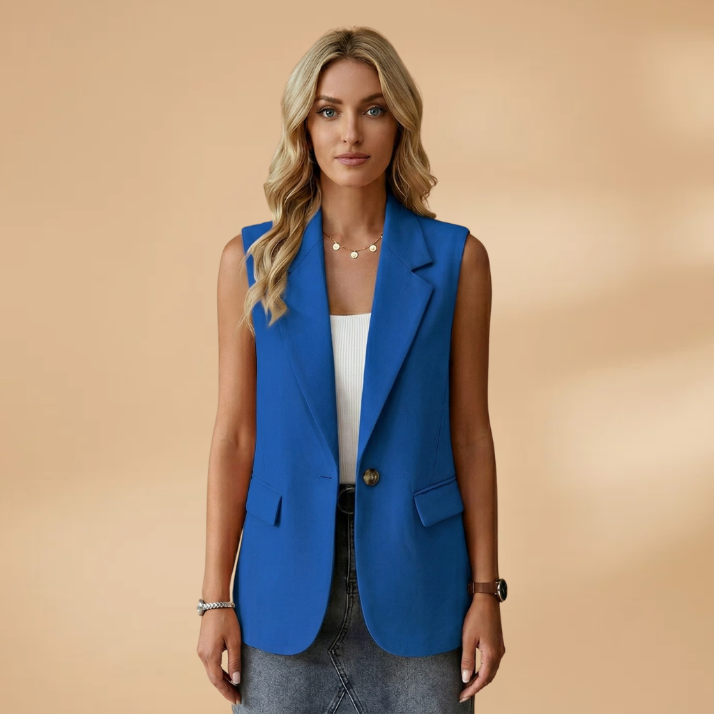 Women's Sleeveless Blazer with Side Pockets and Lapel Collar