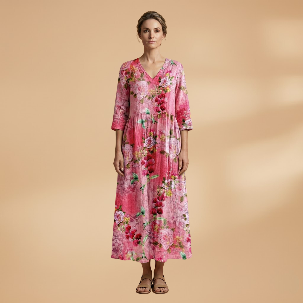 Women's Summer Dress with V-Neck and Floral Pattern