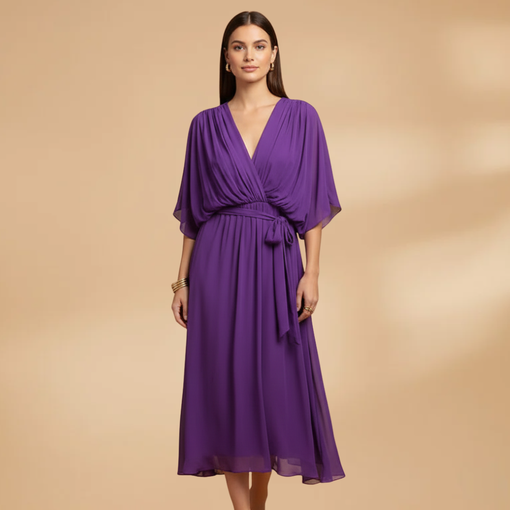Women’s Chiffon Dress with V-Neck and Flowing Skirt