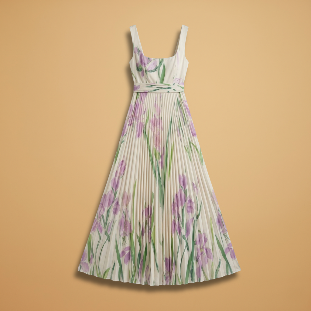 Women's Maxi Dress with Square Neckline and Pleats
