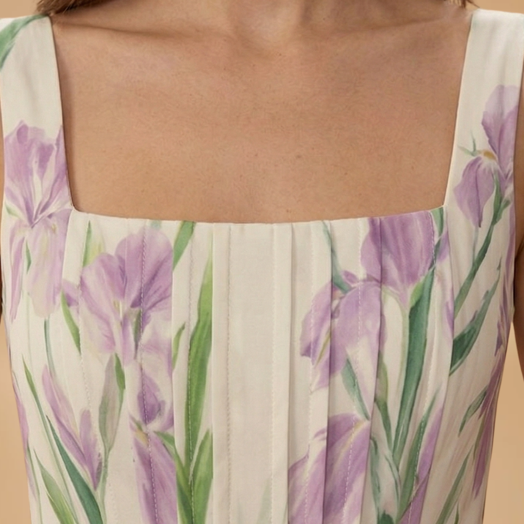 Women's Maxi Dress with Square Neckline and Pleats