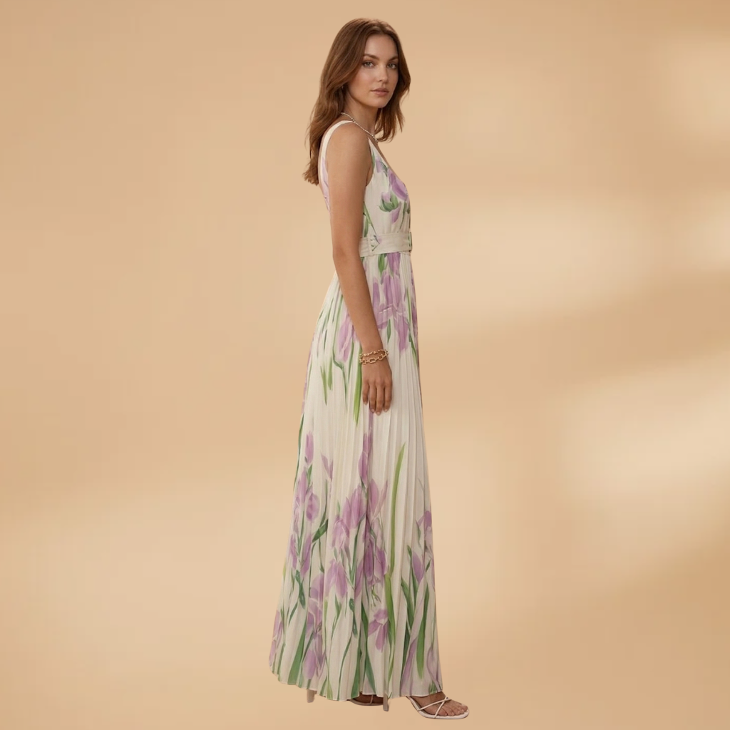 Women's Maxi Dress with Square Neckline and Pleats