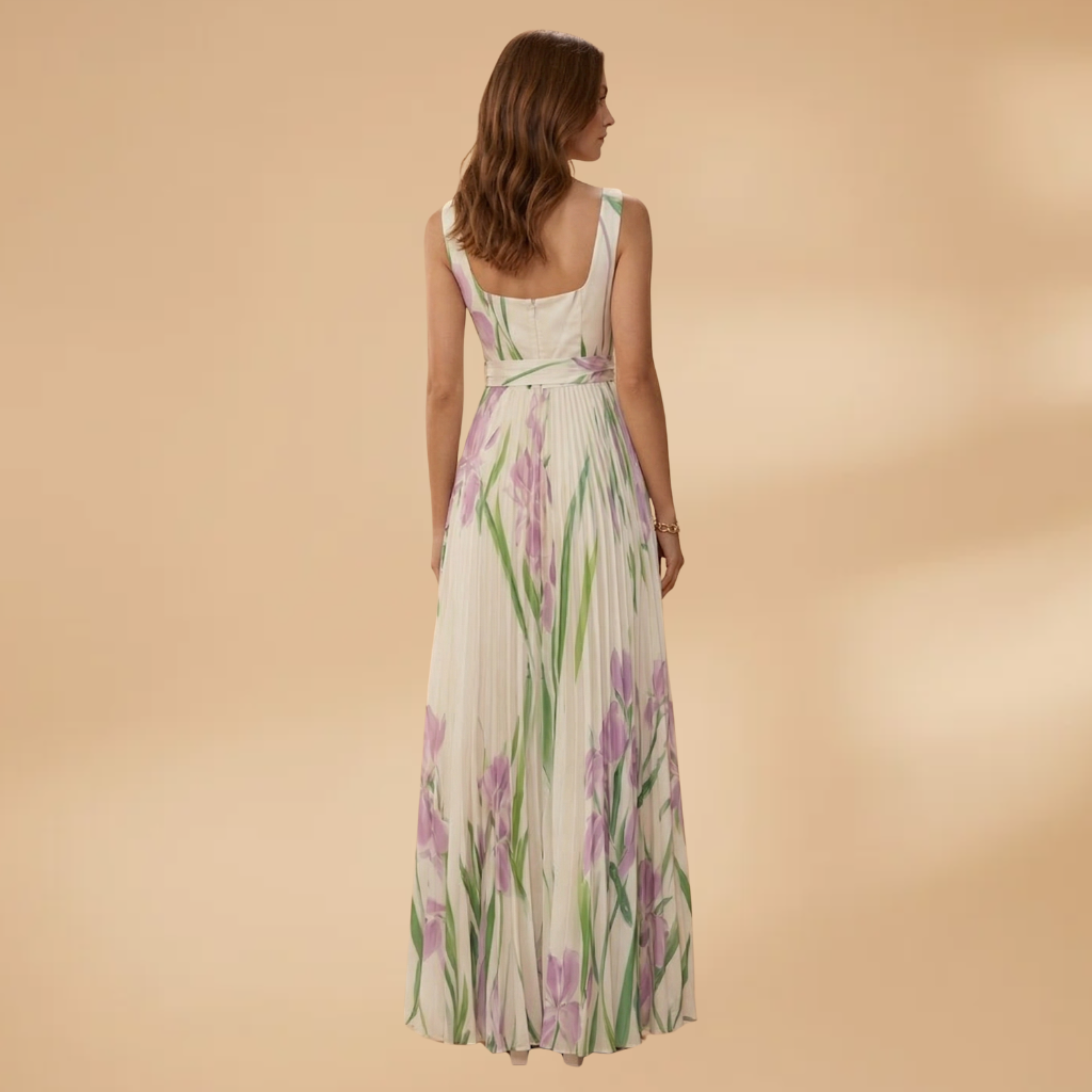 Women's Maxi Dress with Square Neckline and Pleats