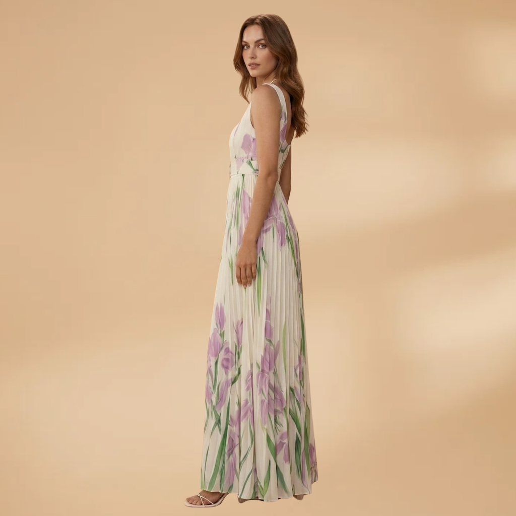 Women's Maxi Dress with Square Neckline and Pleats