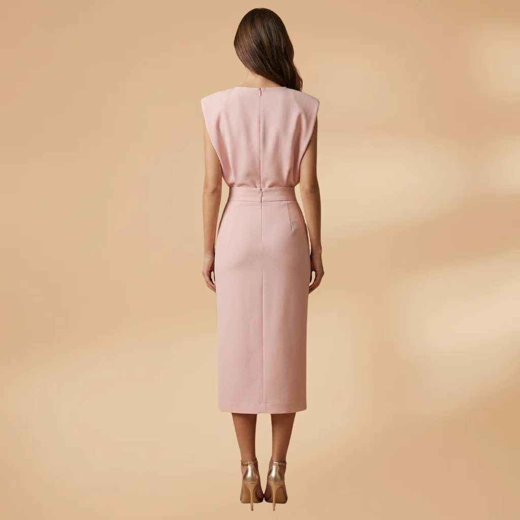 Women's Midi Dress with Round Neckline and Button Slit