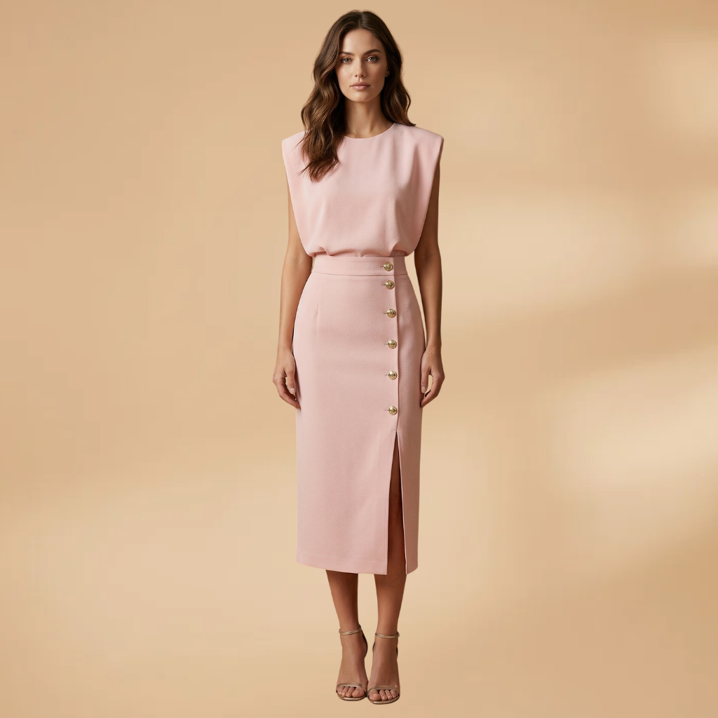 Women's Midi Dress with Round Neckline and Button Slit