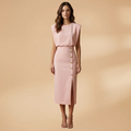Women's Midi Dress with Round Neckline and Button Slit