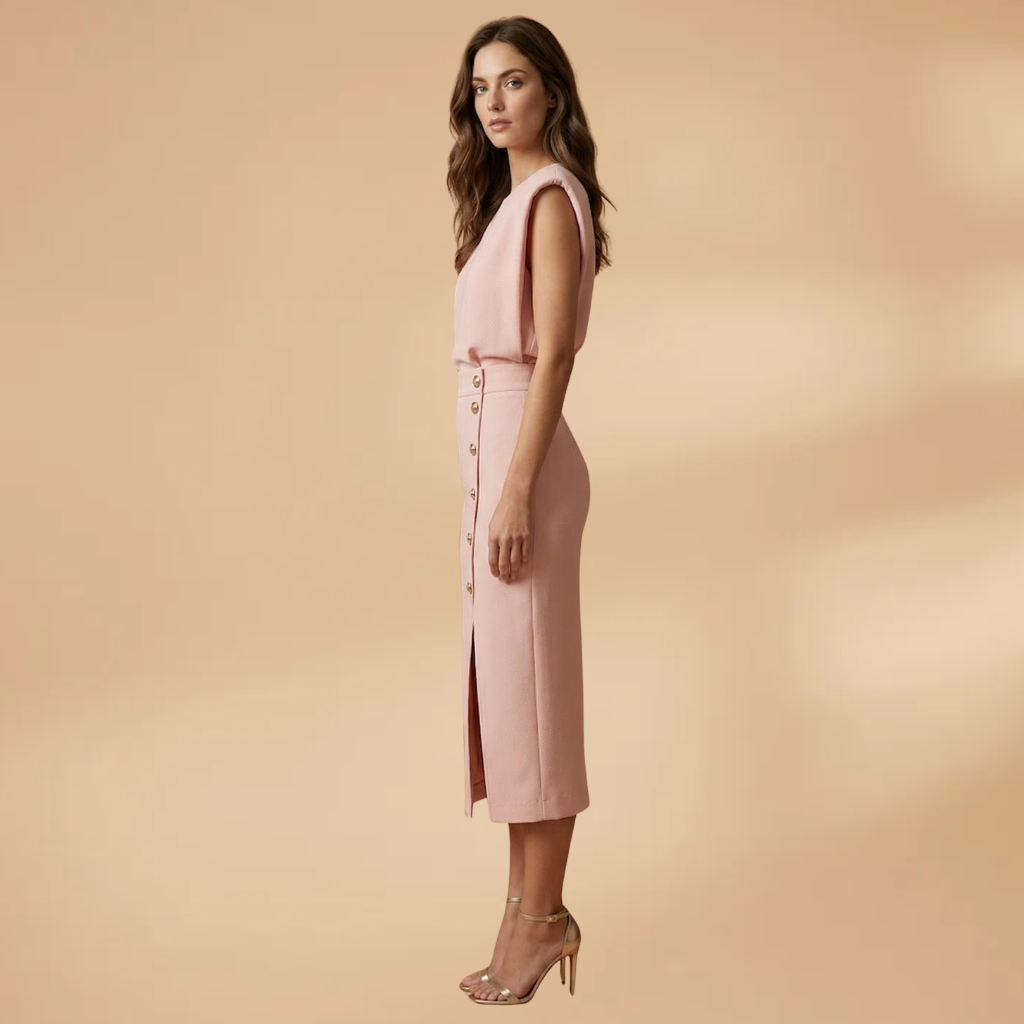 Women's Midi Dress with Round Neckline and Button Slit