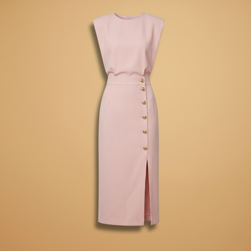 Women's Midi Dress with Round Neckline and Button Slit