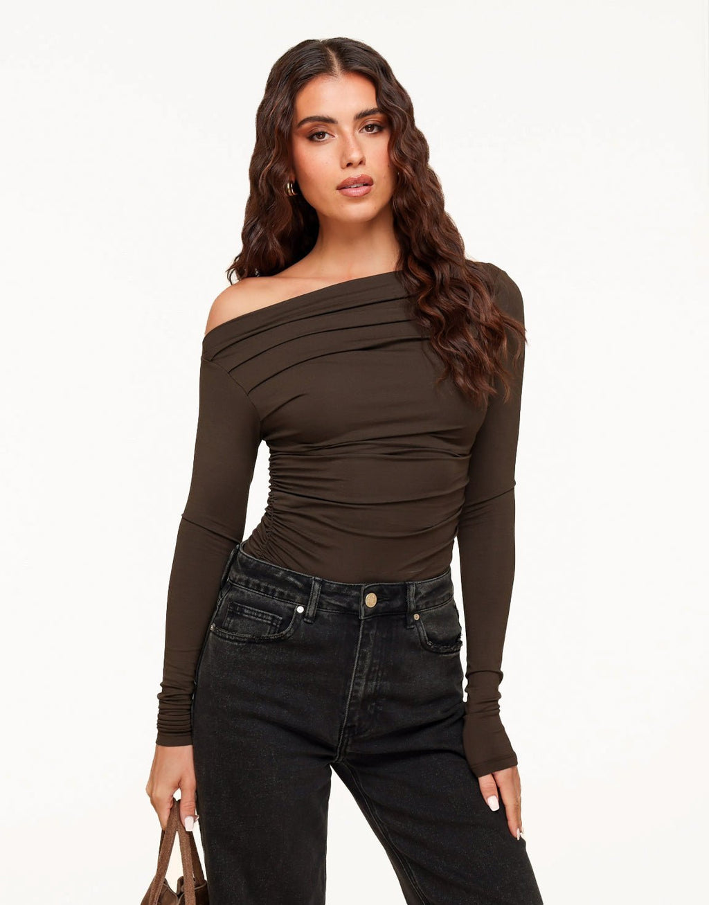 Bruine Gedrapeerde Off Shoulder - Top