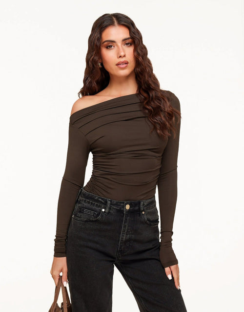 Bruine Gedrapeerde Off Shoulder - Top