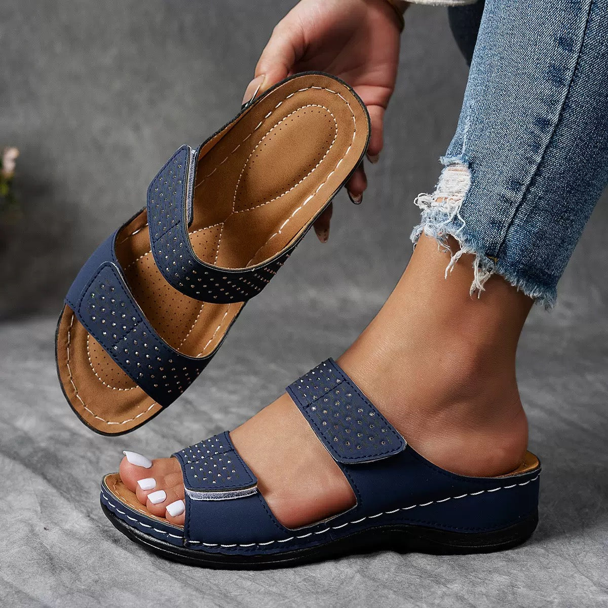 Faye | Women's Studded Double Strap Wedge Mule