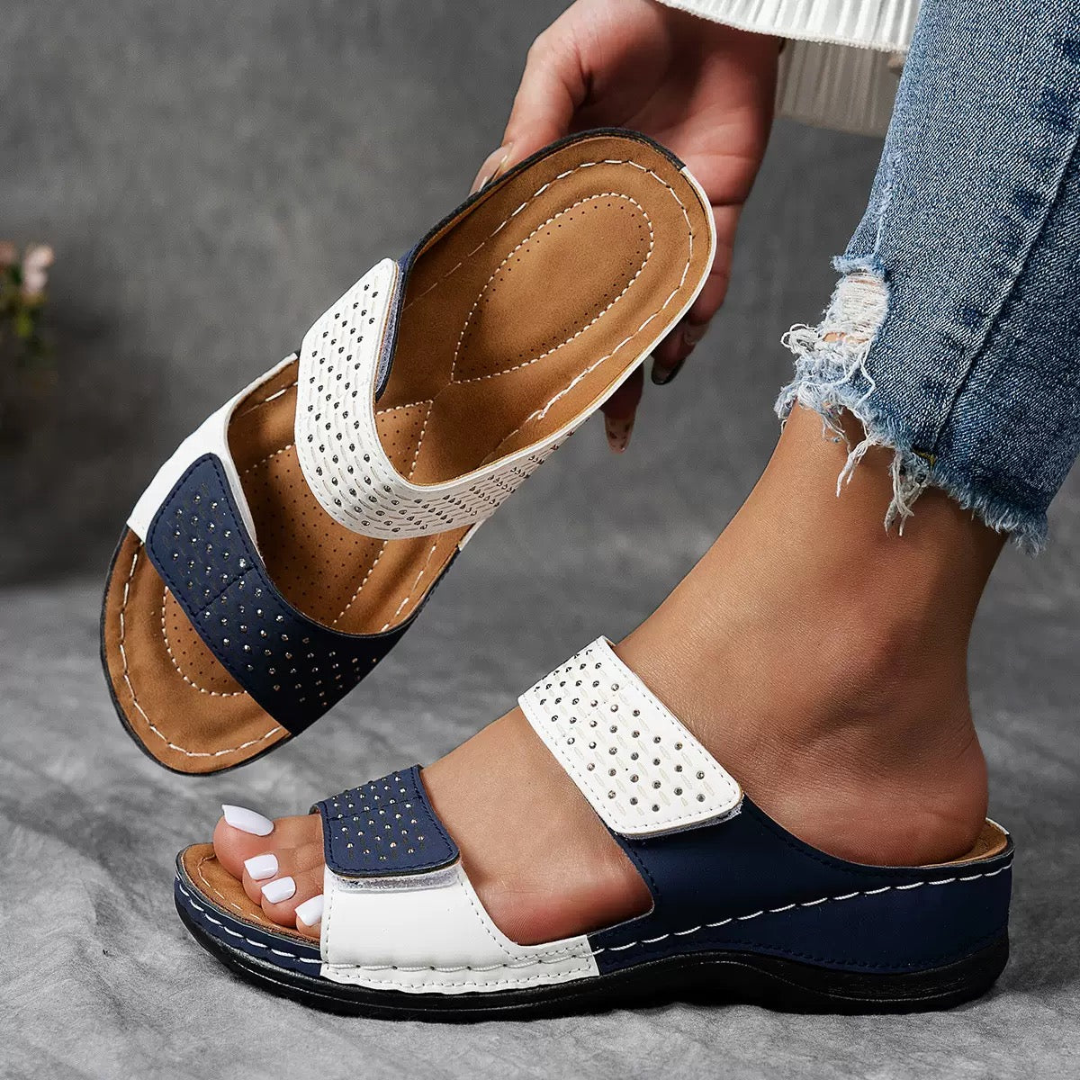 Faye | Women's Studded Double Strap Wedge Mule