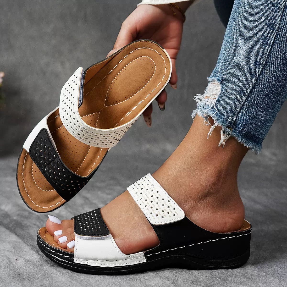 Faye | Women's Studded Double Strap Wedge Mule