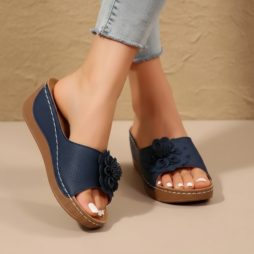 Flora | Women's Flower Detail Wedge Mule Sandal