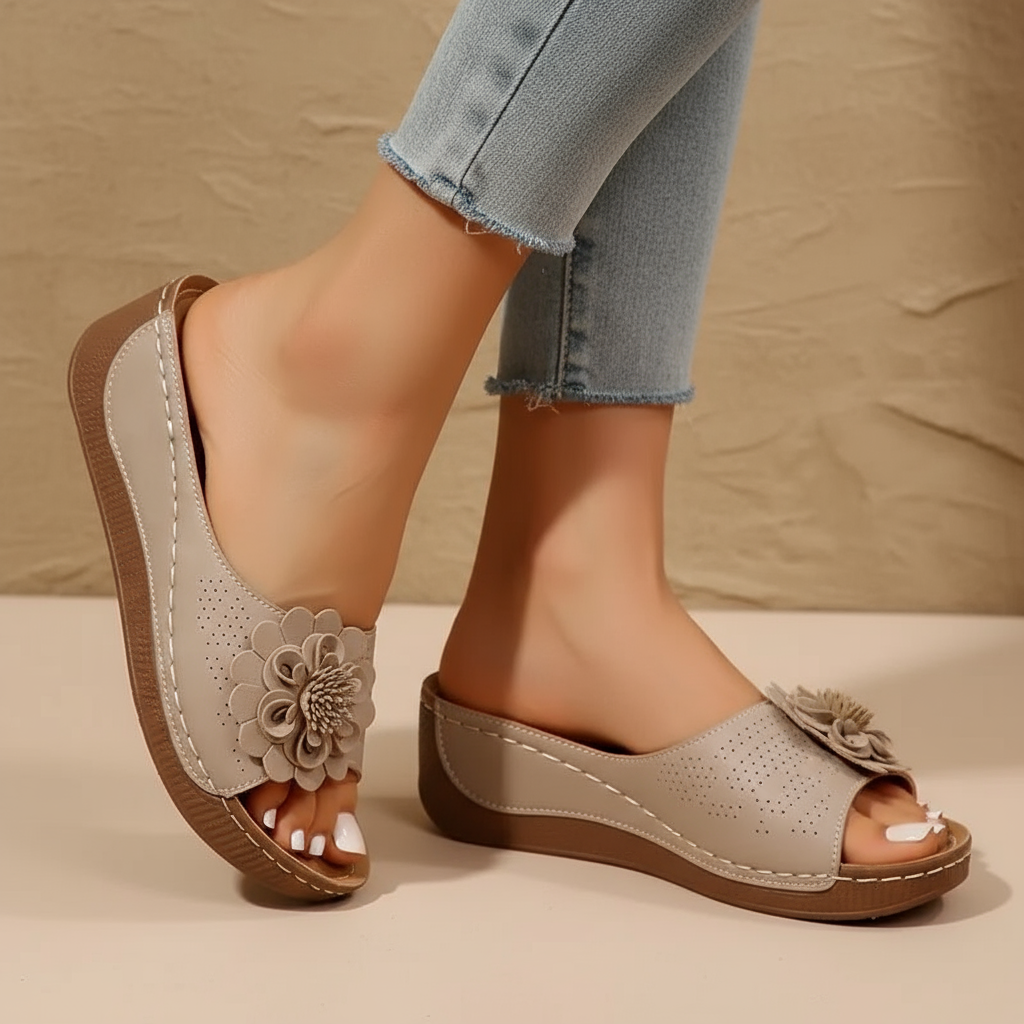 Flora | Women's Flower Detail Wedge Mule Sandal