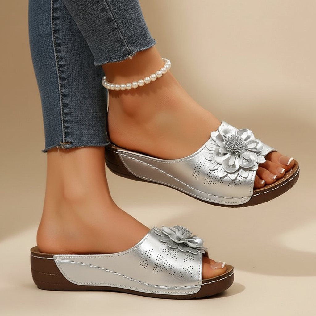 Flora | Women's Flower Detail Wedge Mule Sandal